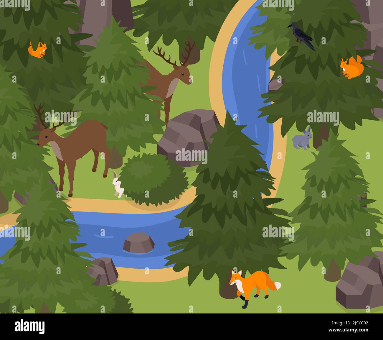 Exotische Haustiere in wilden Tieren natürliche Umgebung isometrische Zusammensetzung mit Rentier Eichhörnchen Fuchs Kaninchen Hase Vektor-Illustration Stock Vektor