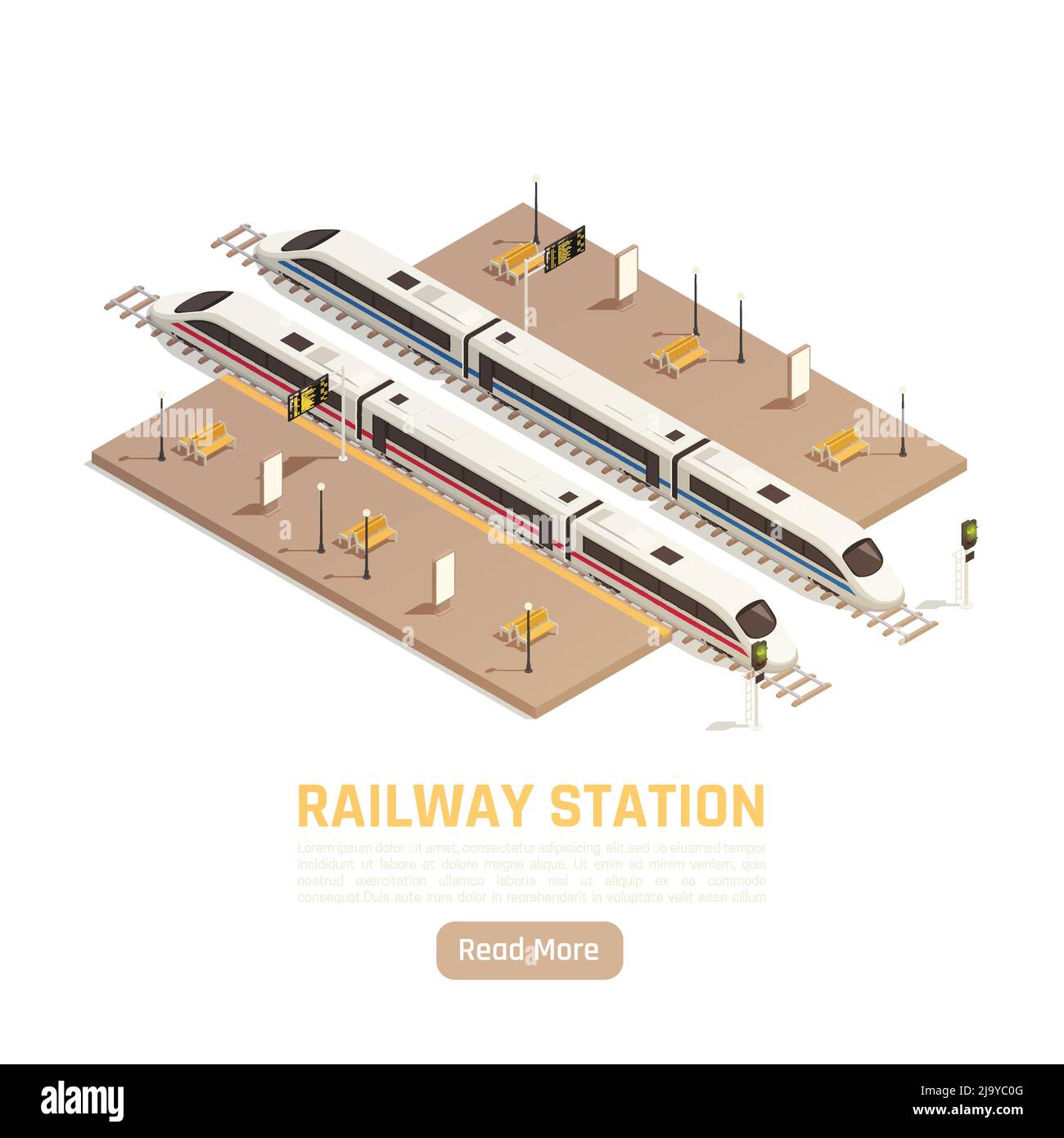 Bahnhof isometrischer Hintergrund mit Taste Mehr lesen editierbarer Text und Plattformen mit Intercity-Züge Vektor-Illustration Stock Vektor