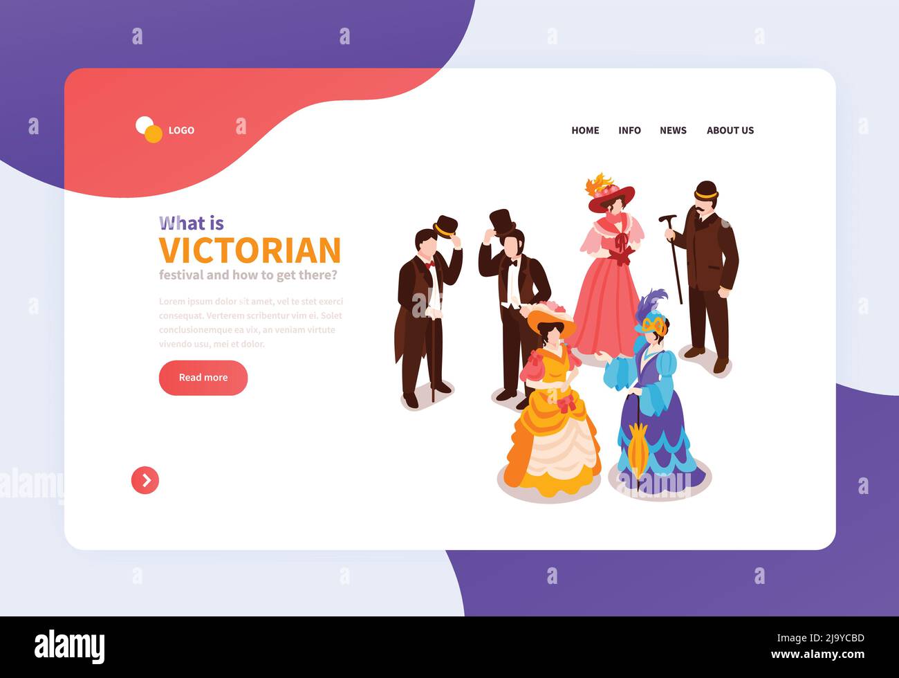 Victorian Festival isometrische Landing Page mit Damen und Herren gekleidet In Kleidung aus dem 18. Jahrhundert Vektorgrafik Stock Vektor