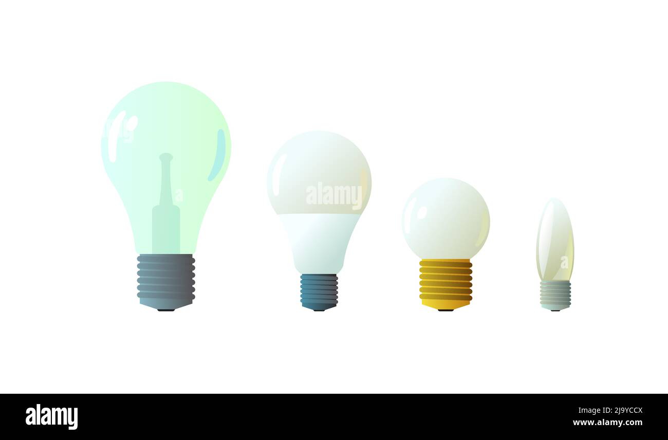 Set aus Glas-Glühbirne. Beleuchtungseinrichtung. Energiesparende Technologien. Isoliert auf weißem Hintergrund. Vektor. Stock Vektor