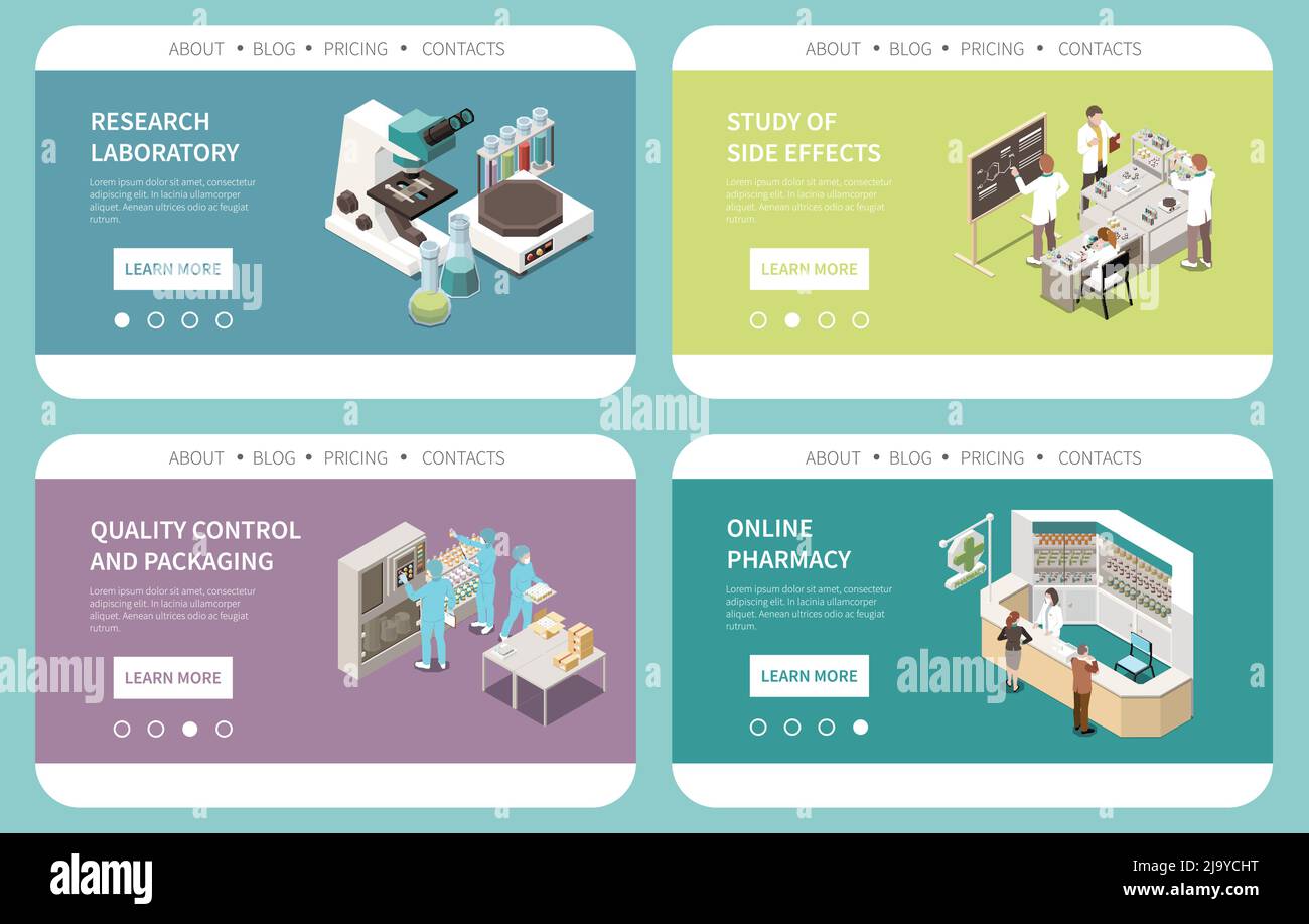 Pharmazeutische Produktion Nebenwirkungen Laborforschung Qualitätskontrolle Online-Verkauf 4 isometrische Karten Website Design Vektor Illustration Stock Vektor