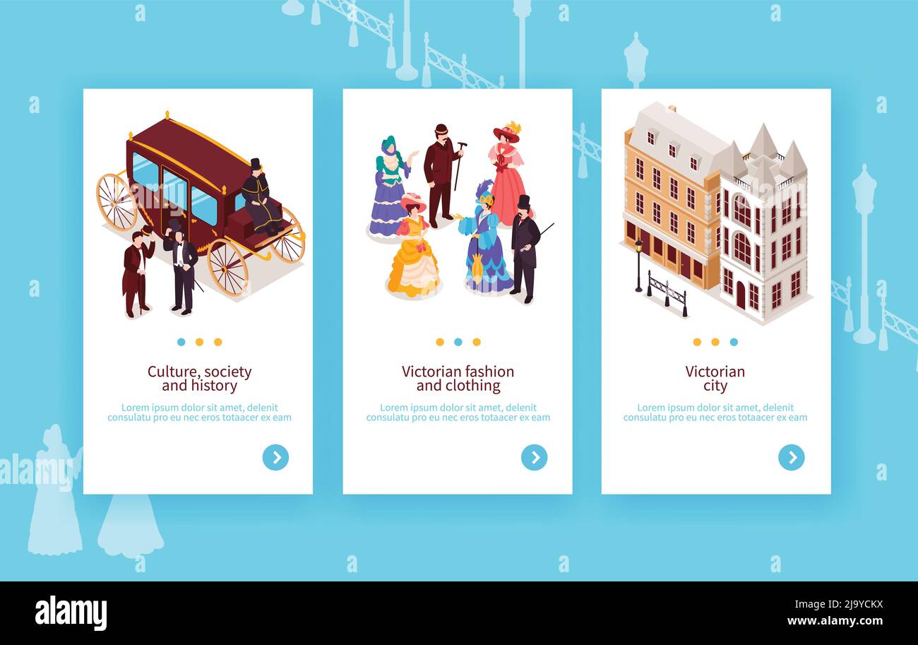 Viktorianische isometrische Banner illustrierten Kultur Geschichte Gesellschaft Mode und Kleidung Von 18. Und 19. Jahrhundert Vektorgrafik Stock Vektor