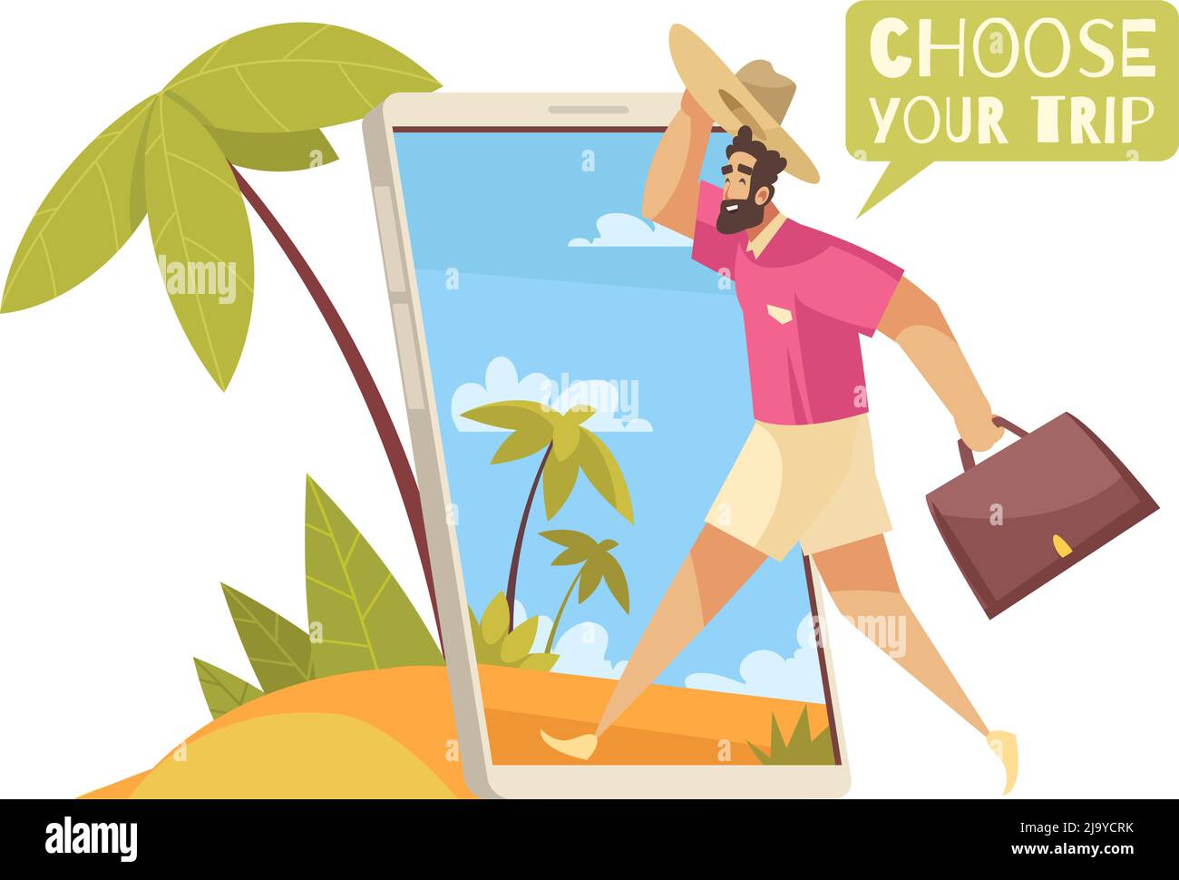 Reisebuchung in mobilen App-Komposition mit Cartoon-Figur geht in den Urlaub mit Tasche Vektor Illustration Stock Vektor
