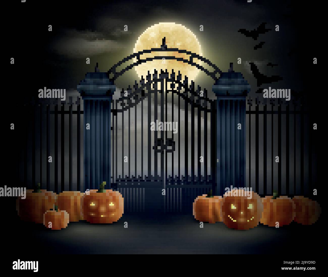 Halloween realistische Komposition mit lachendem Kürbis in der Nähe des alten Friedhofs verstreut Gates bei Mondnacht Hintergrund Vektorgrafik Stock Vektor
