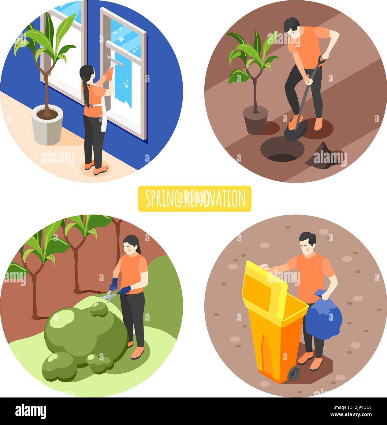 Frühling Renovierung 2x2 Design-Konzept Satz von Männern und Frauen waschen Fenster Pflanzen Baum trimmen Busch herausnehmen Müll isometrische Vektor-Illustration Stock Vektor