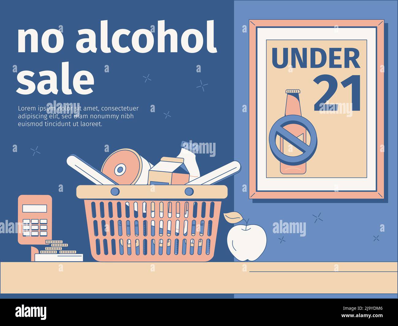 Flacher Hintergrund ohne Alkohol Verkauf unter 21 Jahren Poster und Korb mit Produkten auf Kasse Vektor-Illustration Stock Vektor