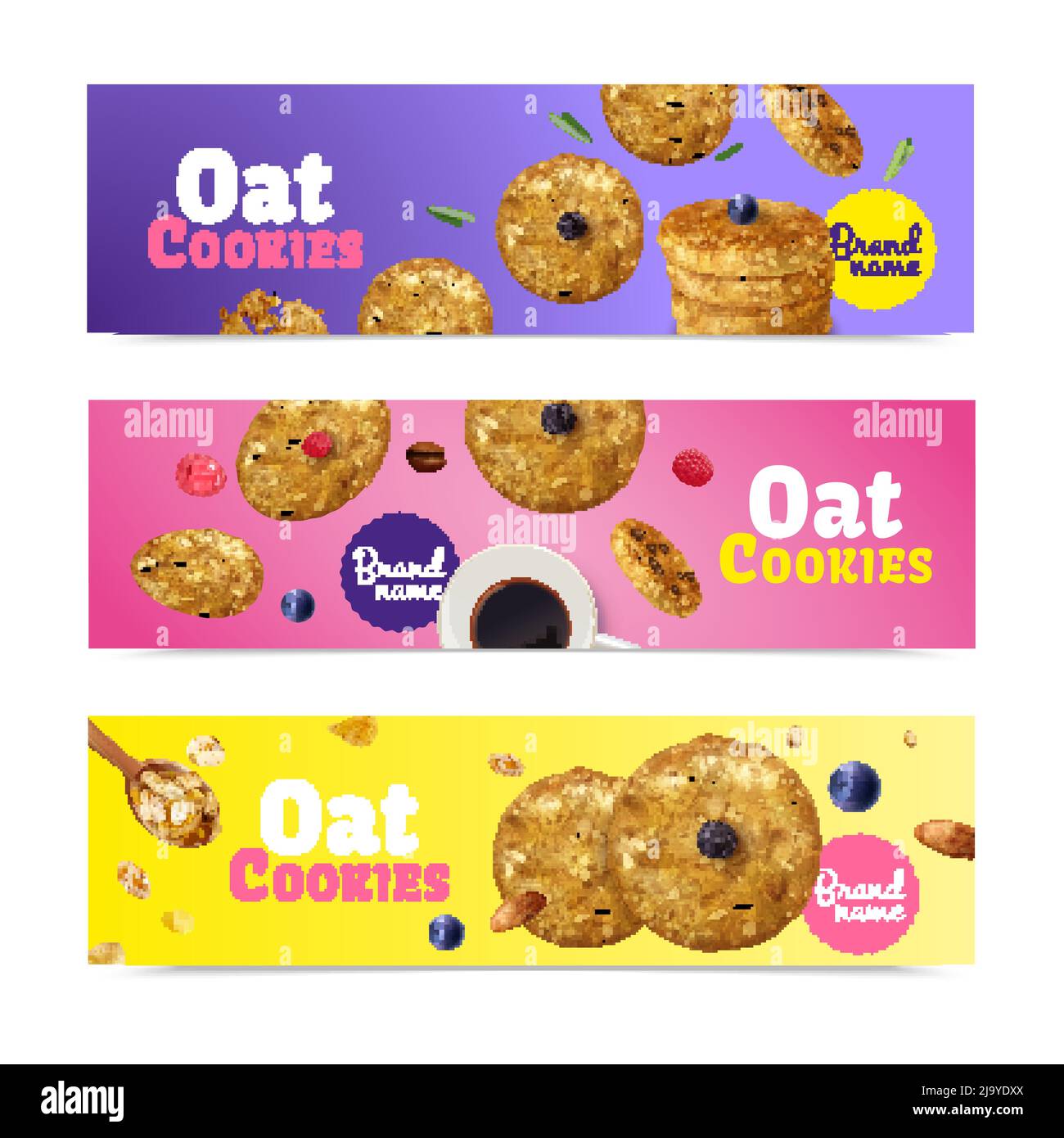 Set aus drei realistischen Hafercookies, horizontalen Bannern mit editierbarem Markentext und Biscuit-Bildern, Vektorgrafik Stock Vektor