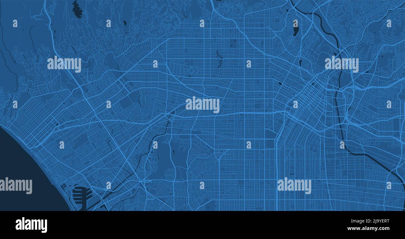 Dunkelblaue Los Angeles City Bereich Vektor Hintergrundkarte, Straßen und Wasser Kartographie Illustration. Breitbild-Anteil, digitale flache Design streetma Stock Vektor