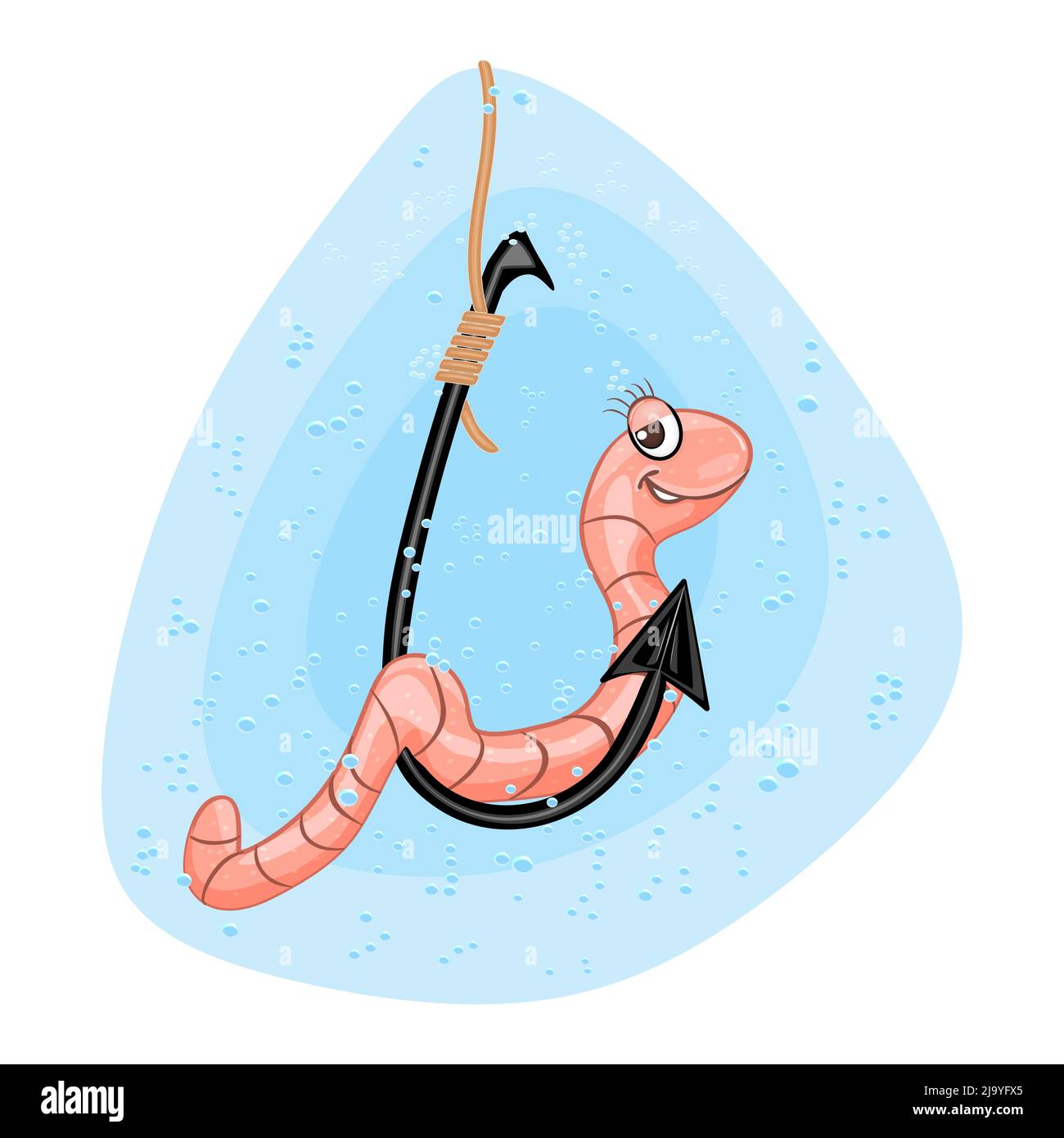 Regenwurm am Haken. Cartoon Regenwurm, Angelhaken, Wasser und Blasen. Angelköder Konzept. Lustige niedliche Wurm hängen von Angelhaken.Vektor-Illustration Stock Vektor