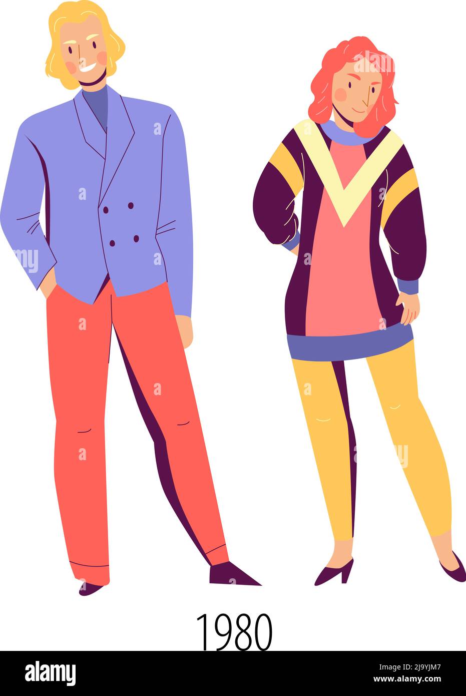 Frau und Mann tragen helle Kleidung in der Mode der achtziger flach isoliert Vektor-Illustration Stock Vektor
