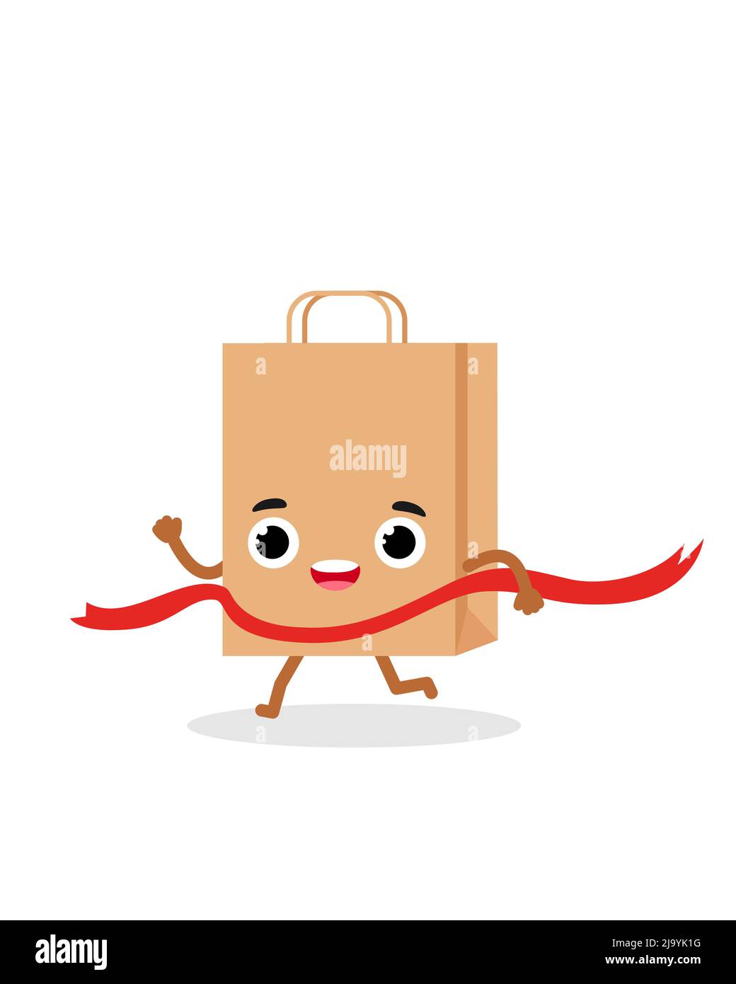 Papier Einkaufstasche Emotionen Charakter der Gewinner läuft an der Ziellinie. Emoji-Vektorgrafik Stock Vektor