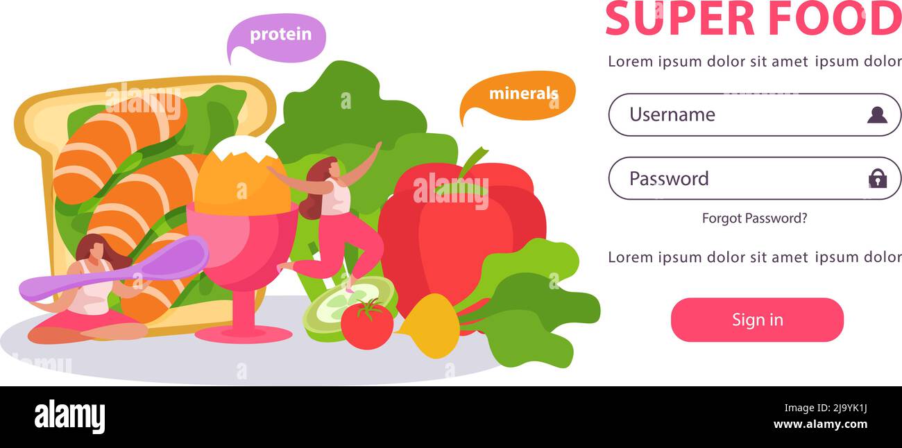 Gesunde und super Food flachen Hintergrund mit Formular für die Eingabe von Benutzernamen und Passwort mit Doodle Bilder Vektor-Illustration Stock Vektor