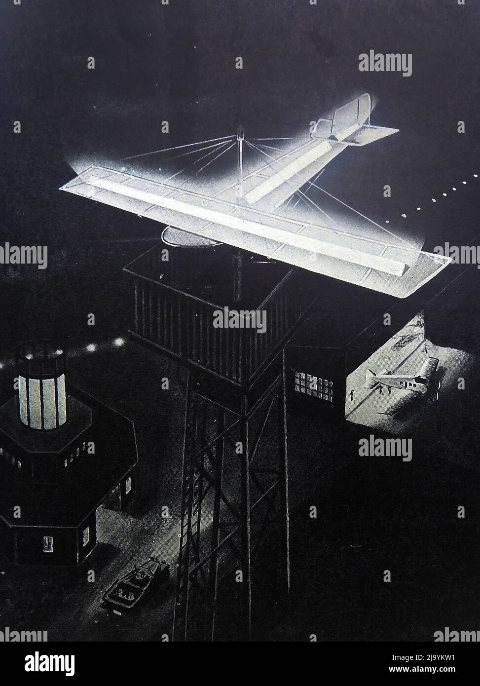 Eine alte Illustration, die einen beleuchteten, flugförmigen Wettervorflug auf dem Berliner Flugplatz/Flughafen zeigt, um Flugzeuge bei der Landung in der Nacht zu unterstützen --------- Eine alte Illustration, die eine beleuchtete flugzeugförderte Wetterfahne auf dem Berliner Flughafen zeigt, um Flugzeuge bei der Landung bei Nacht zu unterstützen. Stockfoto