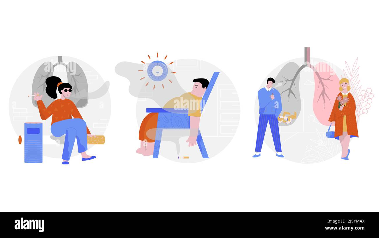 Rauchen Zigarette Satz von drei isolierten runden Kompositionen mit flachen Zeichen von Rauchern in verschiedenen Situationen Vektor-Illustration Stock Vektor