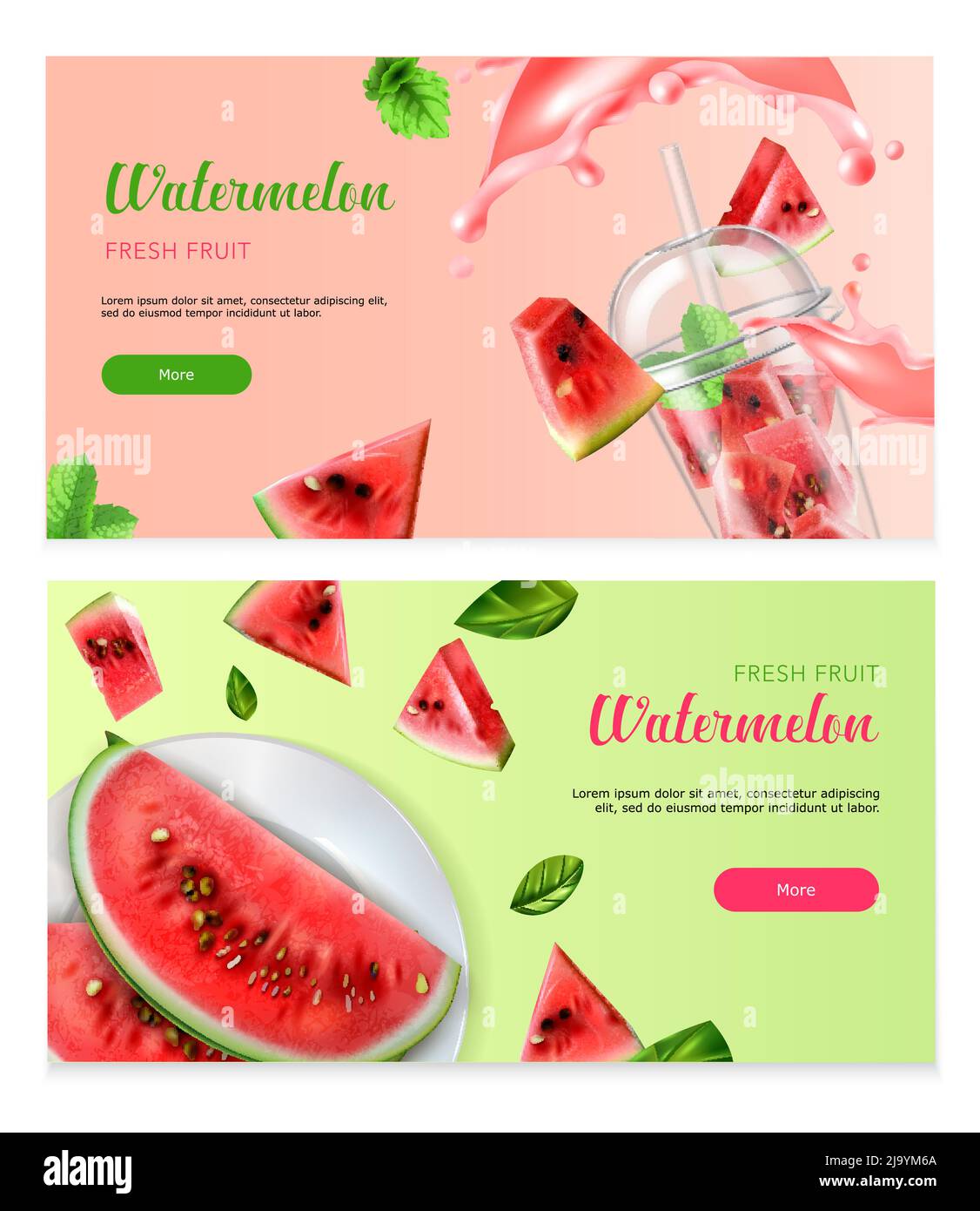 Wassermelone horizontale Banner mit Stücken von frischem Obst auf dem Teller und in Cocktail-Glas realistische Vektor-Illustration Stock Vektor