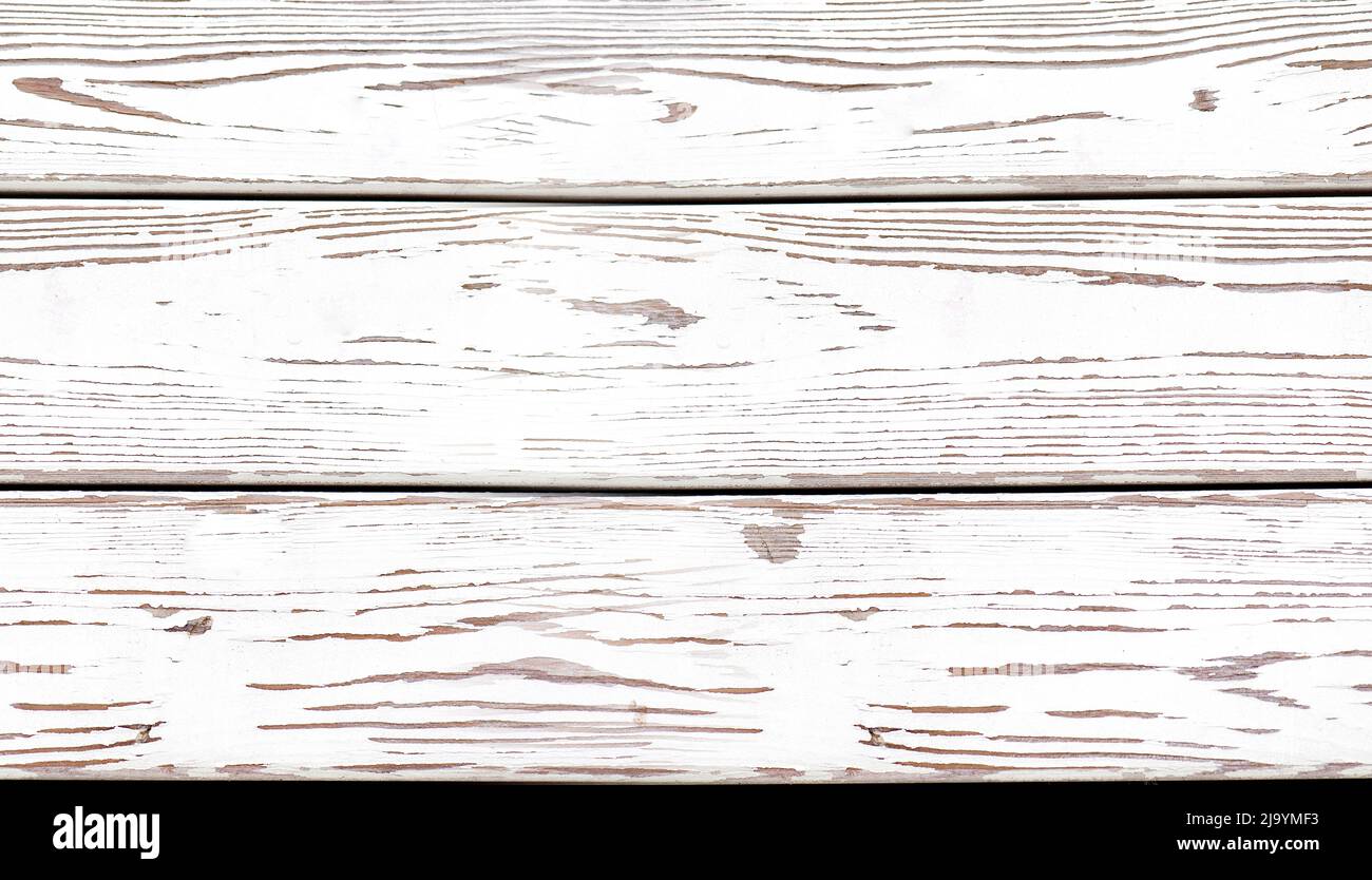 Lange Holzbretter mit alter weißer Farbe auf der Oberfläche als Textur, Hintergrund oder Hintergrund Stockfoto