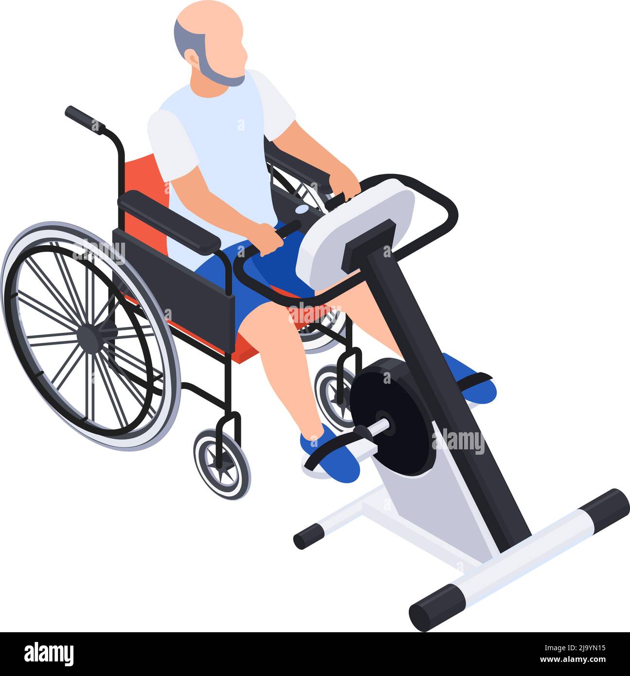 Physiotherapie Rehabilitation isometrische Zusammensetzung mit Mann auf Rollstuhl mit Trainingsmaschine Vektor-Illustration Stock Vektor