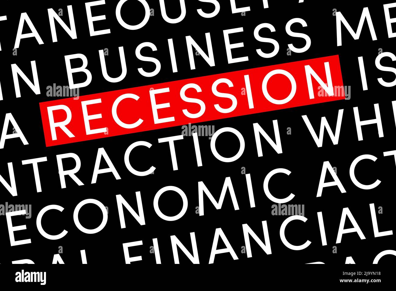 Die Rezession ist ein Rückgang des Konjunkturzyklus, wenn die Konjunktur allgemein nachlässt. Wortrezession auf schwarzem Hintergrund Stockfoto