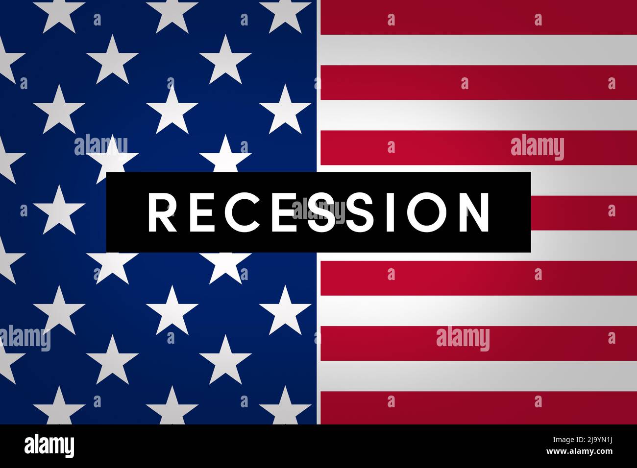 Die Rezession ist ein Rückgang des Konjunkturzyklus, wenn die Konjunktur allgemein nachlässt. Wortrezession vor dem hintergrund der amerikanischen Flagge Stockfoto