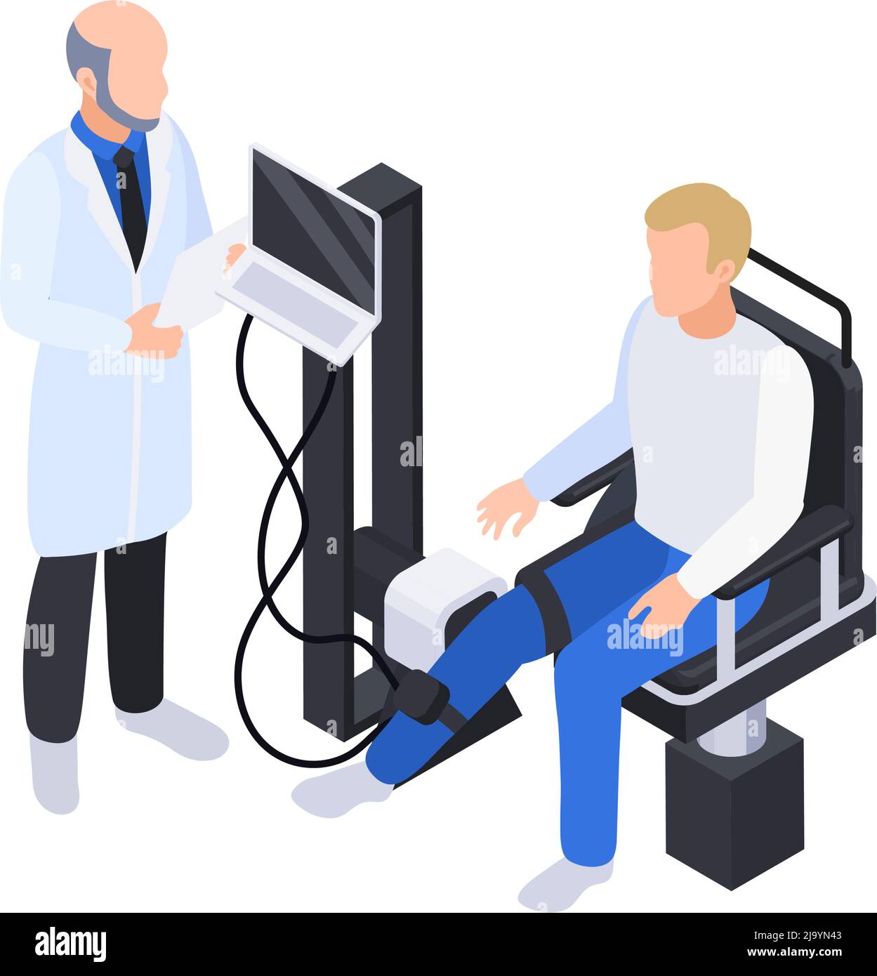 Physiotherapeutische Rehabilitation isometrische Zusammensetzung mit Arzt untersucht Patienten Bein auf elektronischen Geräten Vektor-Illustration Stock Vektor