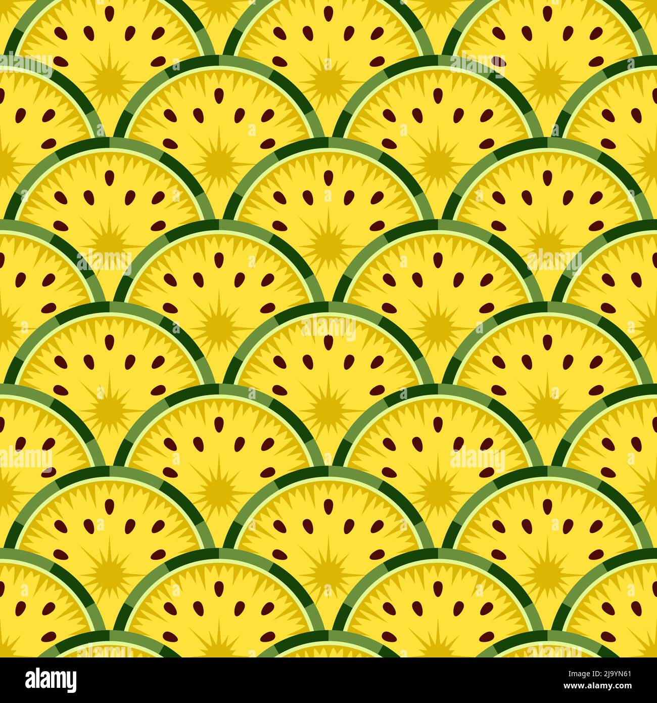 Nahtloses Muster mit geschnittener gelber Wassermelone. Vektor farbenfroher Hintergrund. Stock Vektor