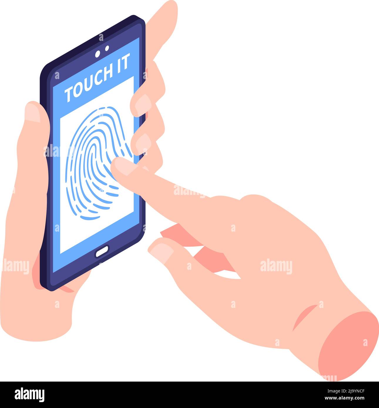 Isometrisches biometrisches Identifizierungssymbol mit menschlichen Händen mithilfe der Fingerabdruckerkennung auf der Vektorgrafik des Smartphones 3D Stock Vektor