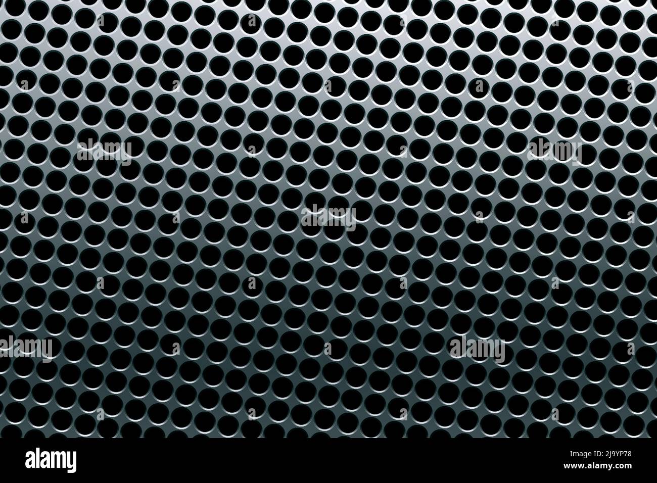 Große silberne Eisenmetallplatte mit Mesh oder runden Löchern als Textur oder Hintergrund Stockfoto