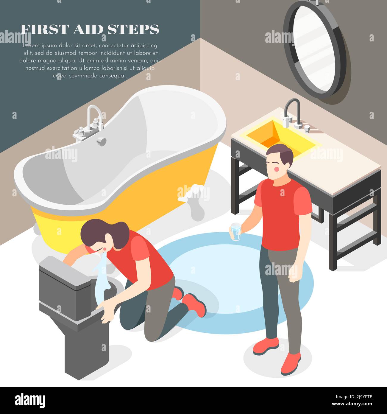 Firsts Hilfe Schritte für Lebensmittelvergiftung Durchfall Erbrechen isometrischen Badezimmer Hintergrund mit Glaswasser Vektor Illustration Stock Vektor
