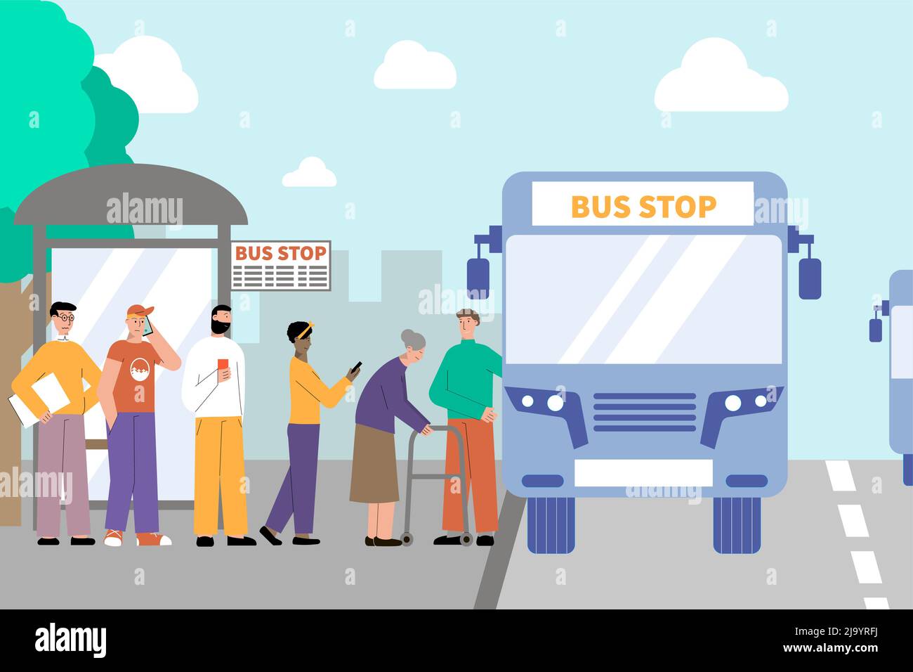 Turn People Transport flache Zusammensetzung mit Outdoor-Landschaft und Bushaltestelle mit Fahrgästen stehen in der Warteschlange Vektordarstellung Stock Vektor