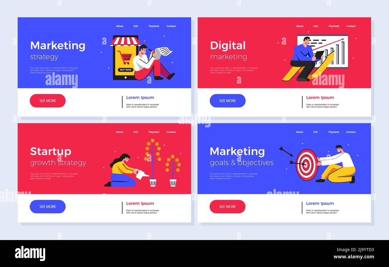 Satz von vier horizontalen farbigen Bannern für digitales Marketing und Startup isoliert auf grauem Hintergrund flache Vektordarstellung Stock Vektor