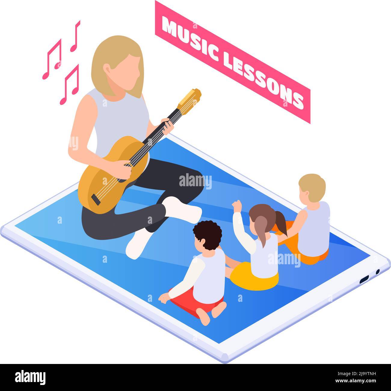 Home Bildung Symbol mit Lehrer spielen Gitarre und Kinder singen auf Online-Musikunterricht isometrische Vektor Illustration Stock Vektor