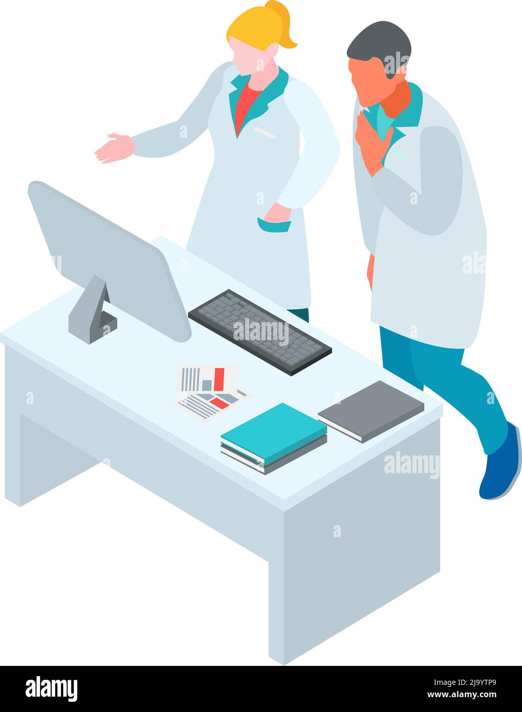 Isometrische Infektionskrankheit Arzt Wissenschaftler virologen Zusammensetzung mit Zeichen der Arbeiter in Kleidern an Computer-Tabelle Vektor-Illustration Stock Vektor