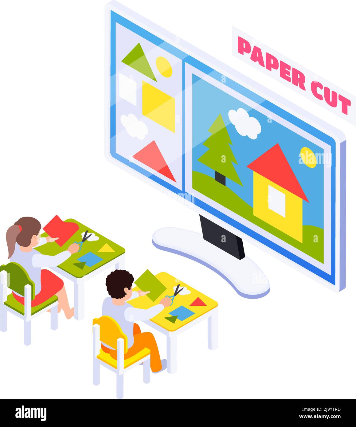 Isometrische Home Bildung Komposition mit Kindern mit Handwerk Online-Unterricht auf Computer-Vektor-Illustration Stock Vektor