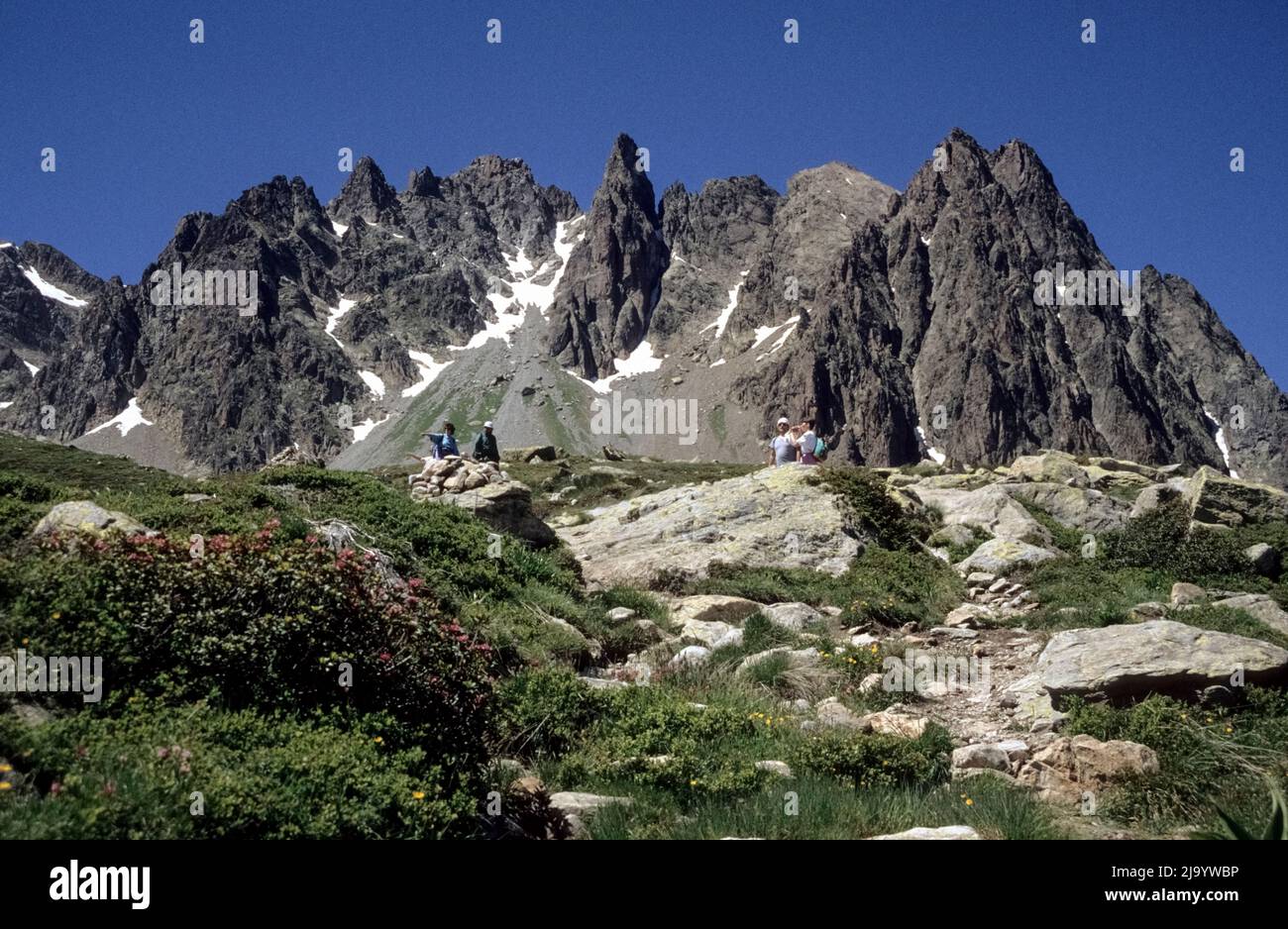 Auf dem „Tour du Mont Blanc“-Fernwanderweg mit den Bergen des Mont-Blanc-Massivs. 1990 Stockfoto