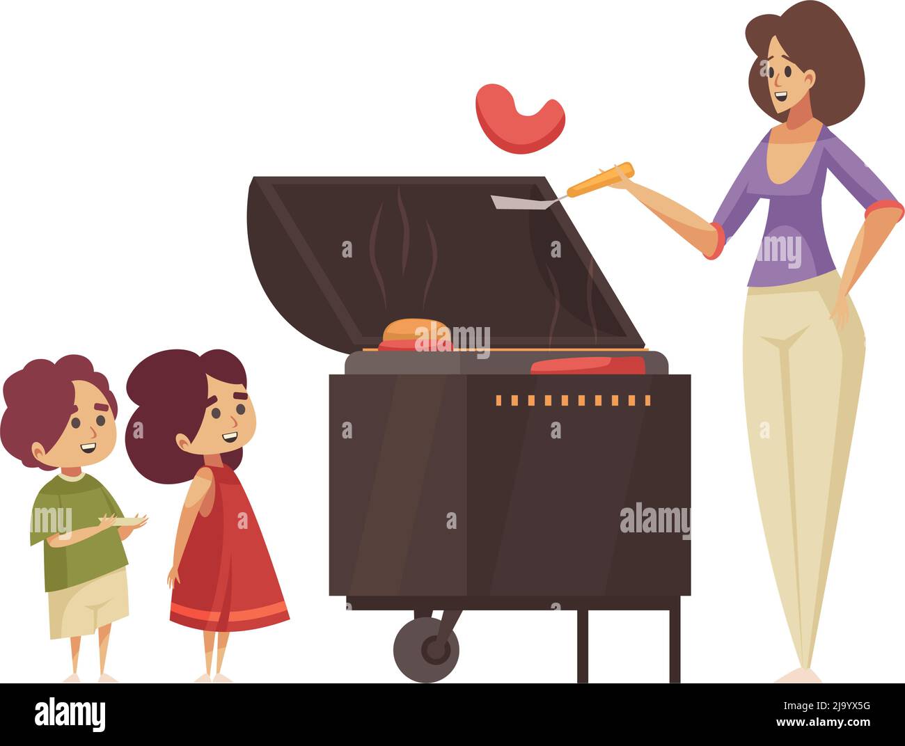Glückliche Kinder, die bei der bbq-Party beim Kochen von gegrillten Steaks und Burgern auf Mama schauen, flache Vektorgrafik Stock Vektor