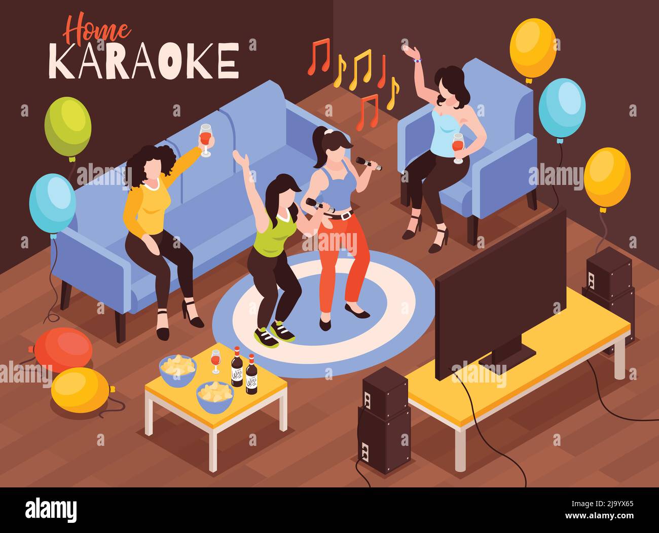 Isometrische Home Karaoke Komposition mit House Party Landschaft mit singenden weiblichen Charakteren Ballons und Musik Notizen Vektor Illustration Stock Vektor
