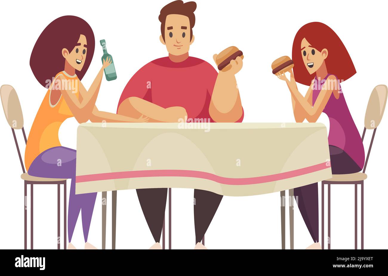 Glückliche Menschen essen Burger und Bier trinken bei bbq Party flache Vektor-Illustration Stock Vektor