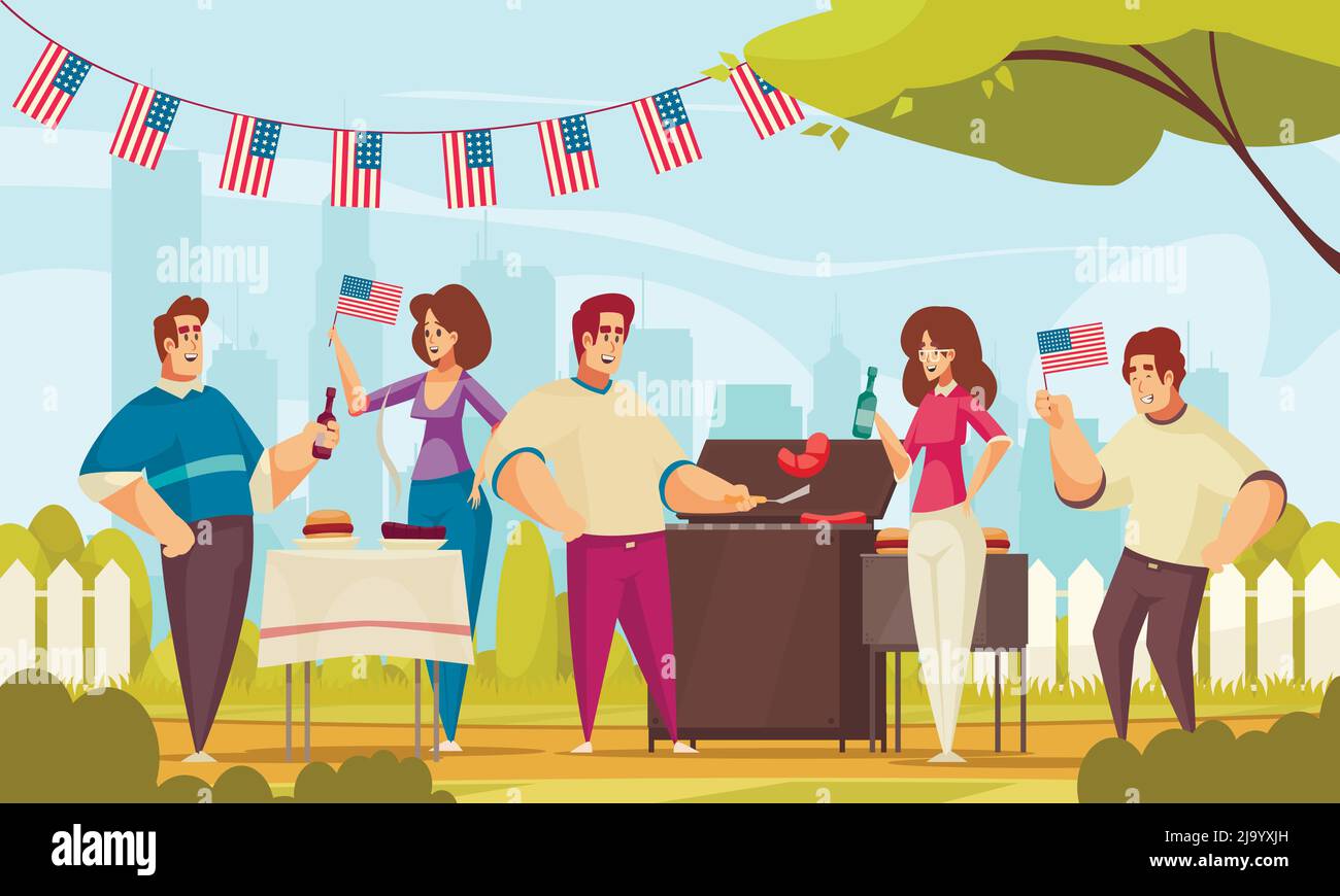 BBQ Unabhängigkeit Tag amerika Komposition mit Outdoor-Landschaft und Gruppe von Freunden, die gute Zeit im Freien Vektorgrafik Stock Vektor