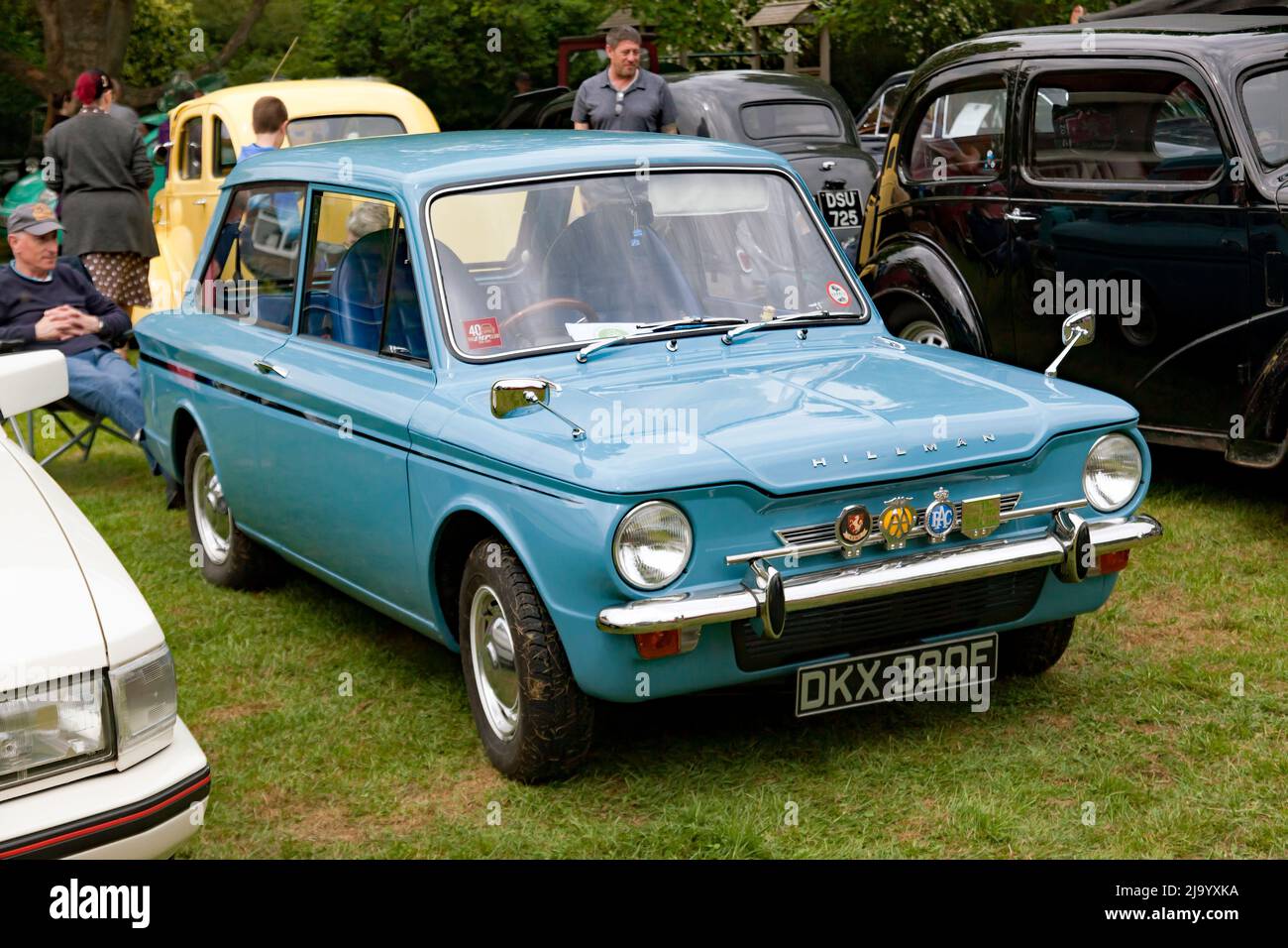Drei Viertel Vorderansicht eines Blue, 1968, Hillman Imp, ausgestellt auf der Wickhambreaux Classic Car Show, 2022 Stockfoto