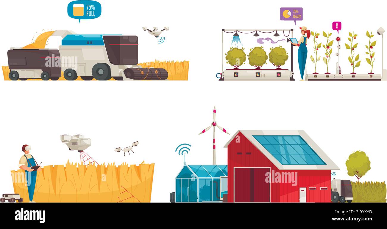 Smart Farm Set mit isolierten Zusammensetzungen aus automatisierten Fahrzeugen und modernen landwirtschaftlichen Lösungen mit sauberer Energie Vektor-Illustration Stock Vektor