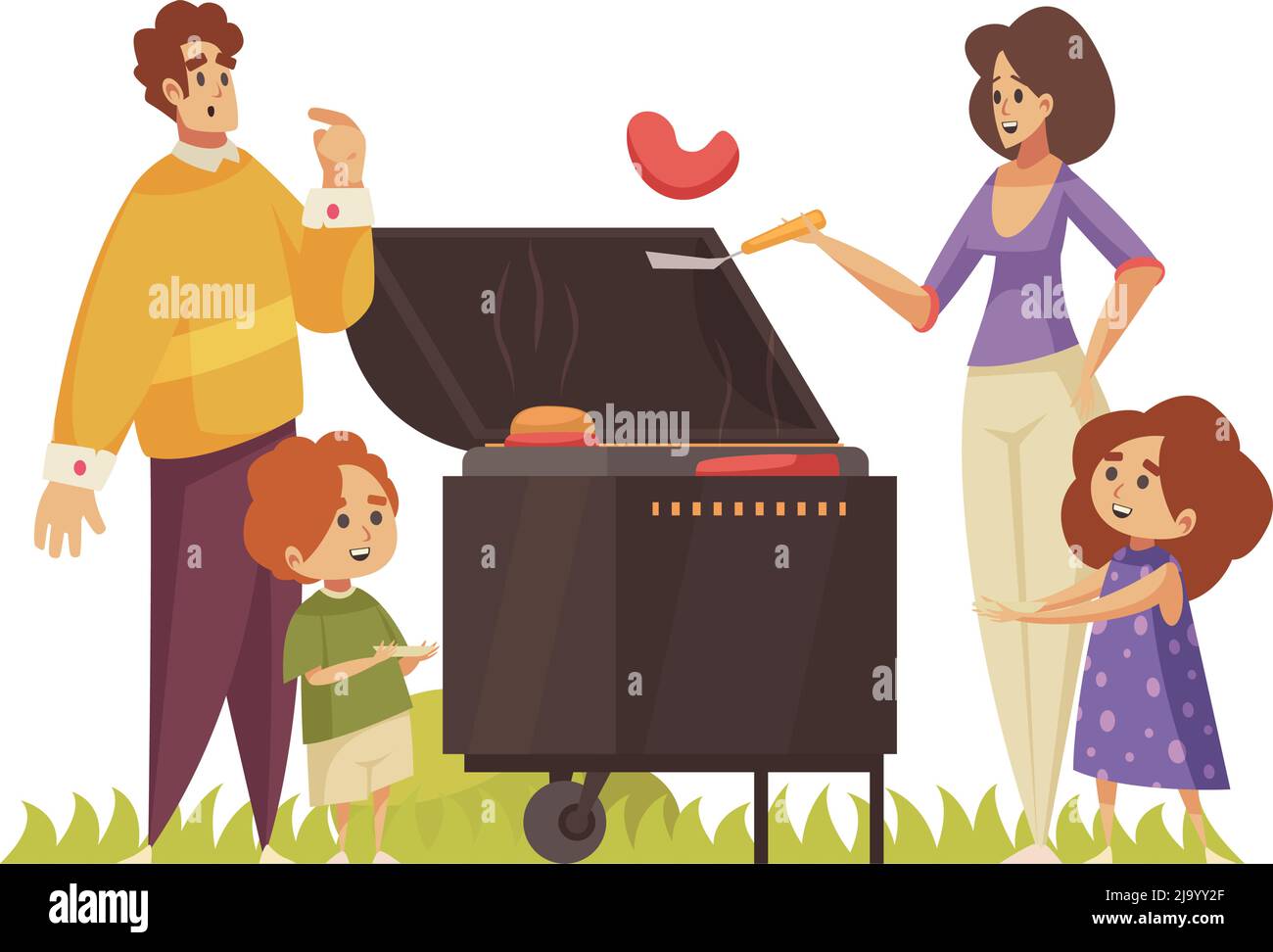 BBQ Komposition mit Figuren von Eltern mit Kindern und Grill mit Würsten Vektor-Illustration Stock Vektor