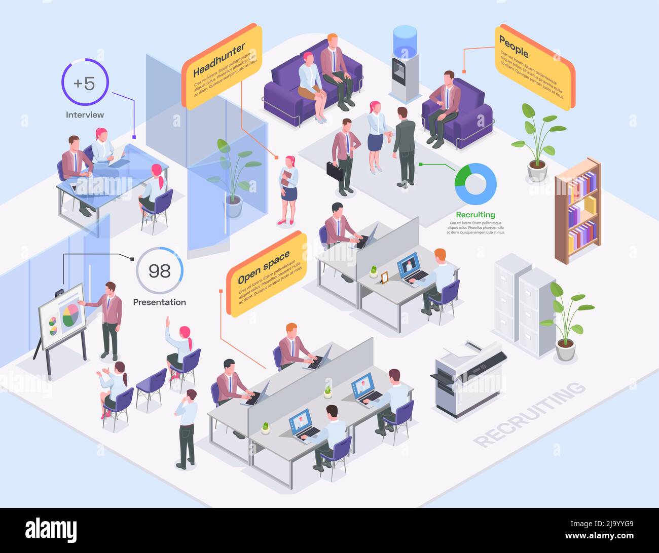 Recruiting Agentur Büro Innenräume Headhunters und Job-Kandidaten isometrische Zusammensetzung 3d-Vektor-Illustration Stock Vektor