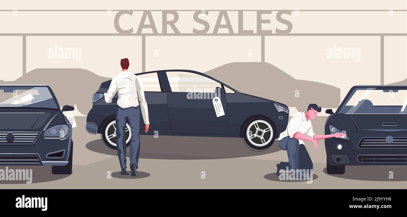 Gebrauchte Auto Markt flache Zusammensetzung von bearbeitbaren Text Automobil Silhouetten und verschiedene Modelle mit Käufer Zeichen Vektor-Illustration Stock Vektor