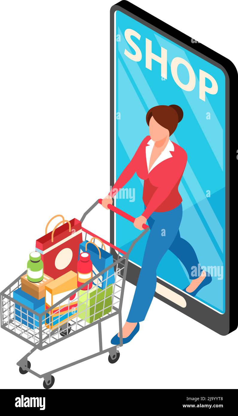 Online-Shop Supermarkt isometrisches Symbol mit Charakter Tragewagen mit Käufe Vektor-Illustration Stock Vektor
