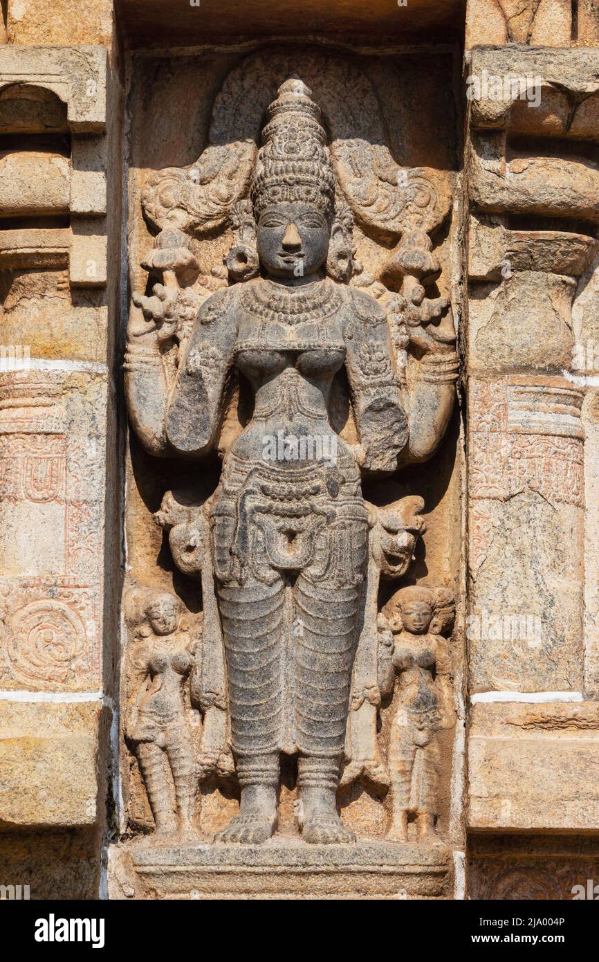 Stehende Skulptur der Göttin Lakshmi auf Gopuram des Nataraja-Tempels, Chidambaram, Tamilnadu, Indien Stockfoto