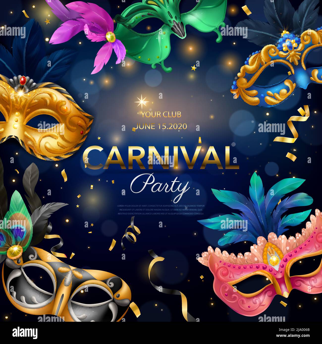 Karneval Partei realistische Poster mit Maskerade Event Symbole Vektor Illustration Stock Vektor