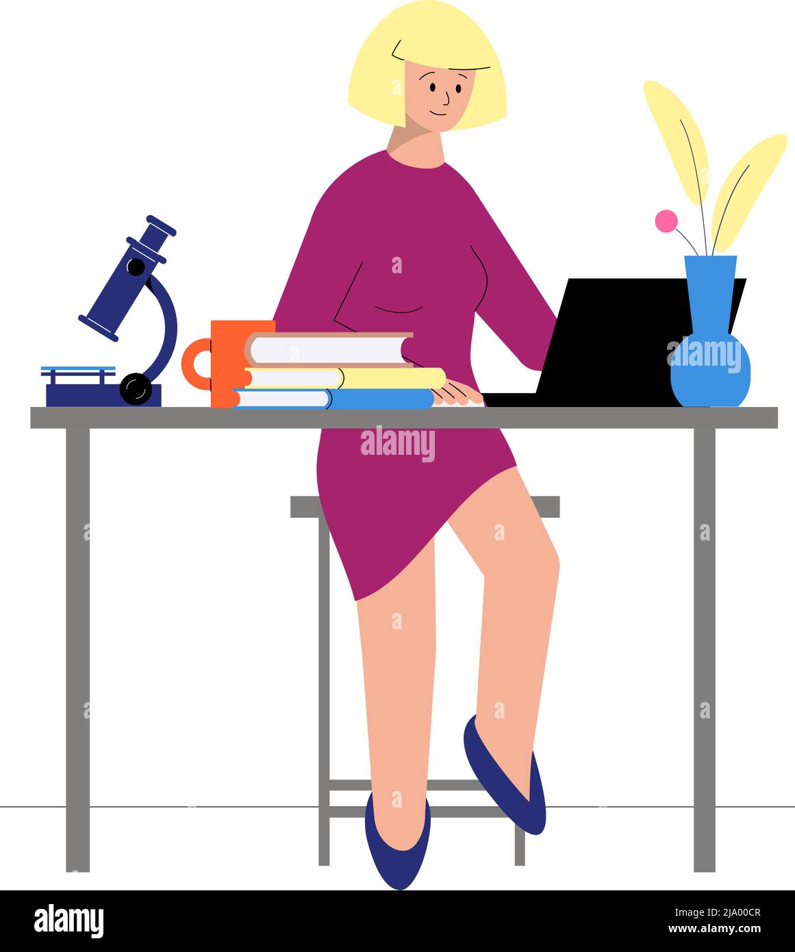Tutoring flache Ikone mit weiblichen Charakter mit Online-Wissenschaftsunterricht mit Büchern und Mikroskop Vektor-Illustration Stock Vektor