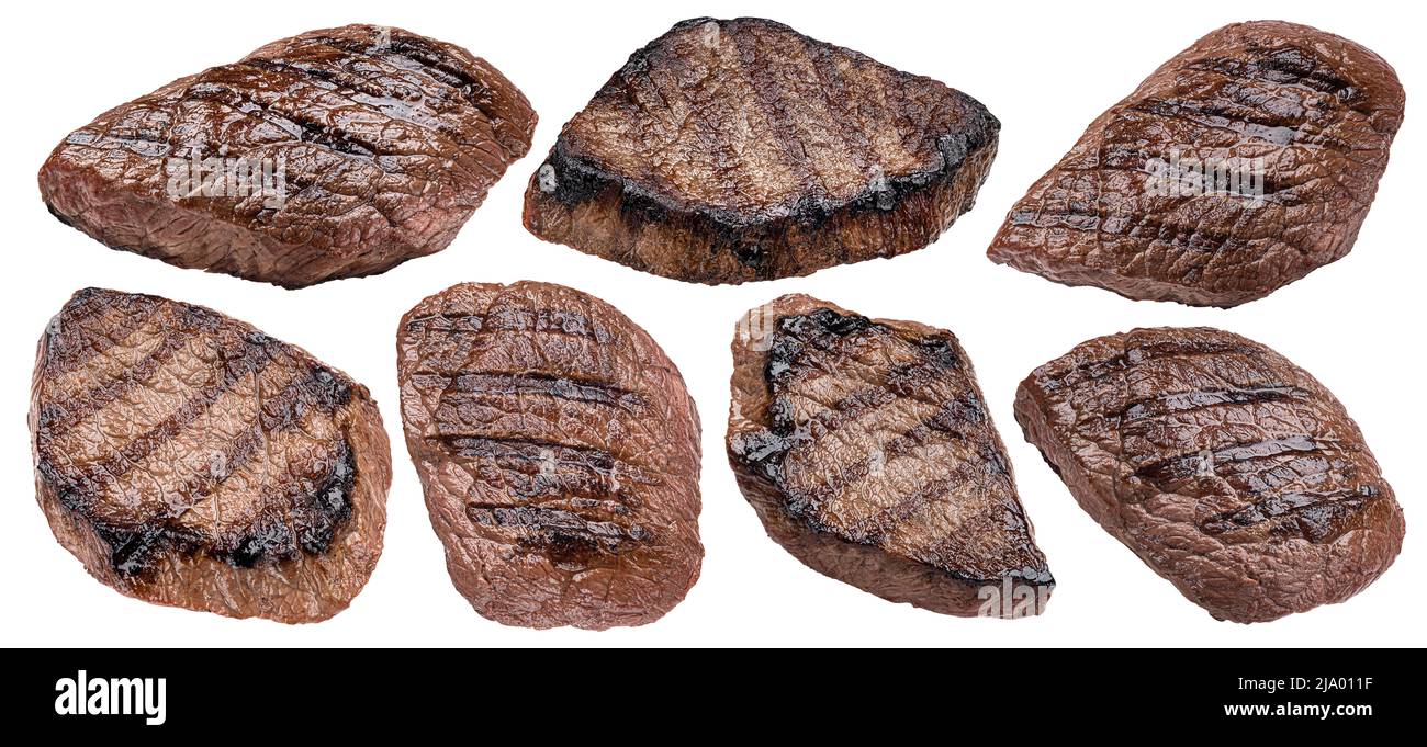 Gegrilltes Rindersteak auf weißem Hintergrund Stockfoto