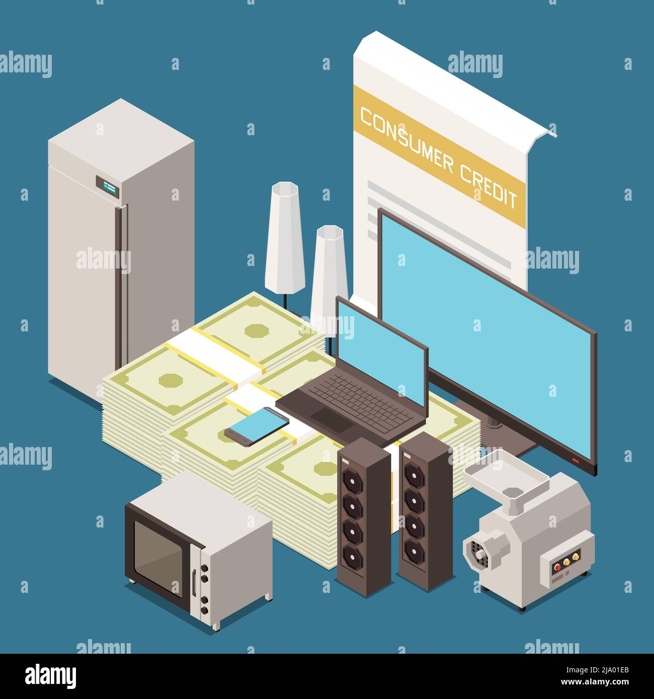 Verbraucher Mikrokredit, um Haushaltsgegenstände isometrische Zusammensetzung mit Kühlschrank tv Computer Küchenutensilien Vektor Illustration kaufen Stock Vektor