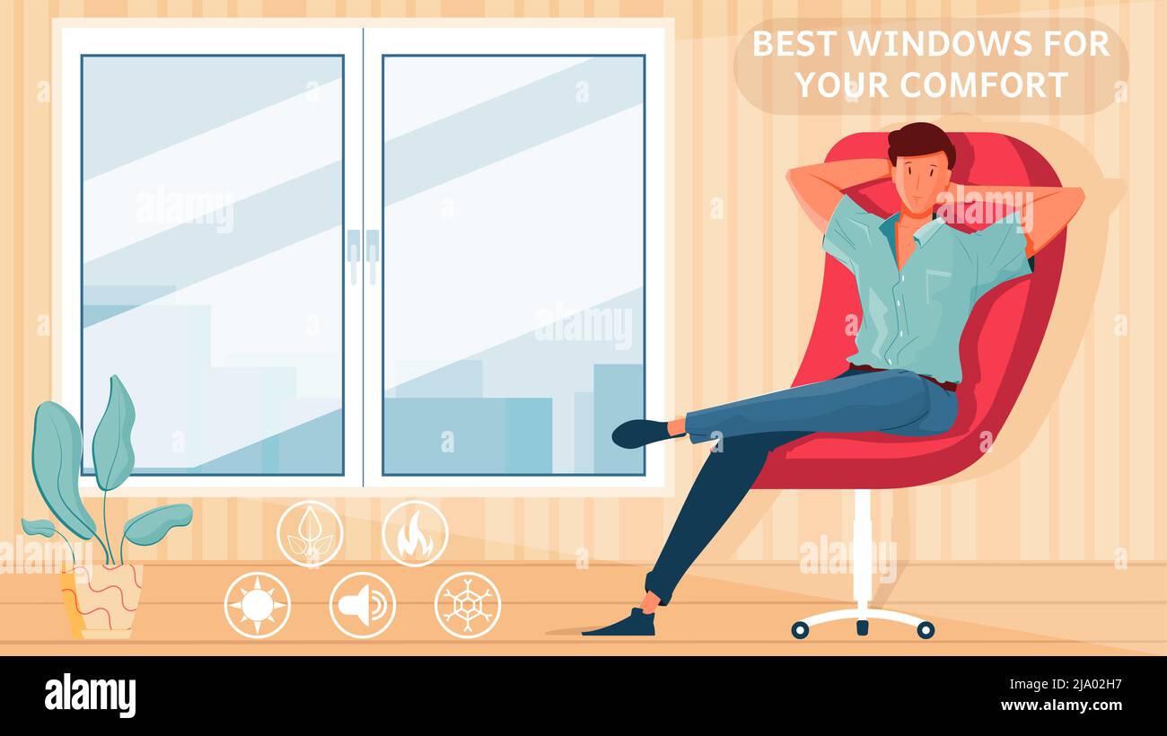 Zimmer mit neuen Kunststofffenstern und Mann entspannen in Sessel flache Werbung Hintergrund Vektor-Illustration Stock Vektor